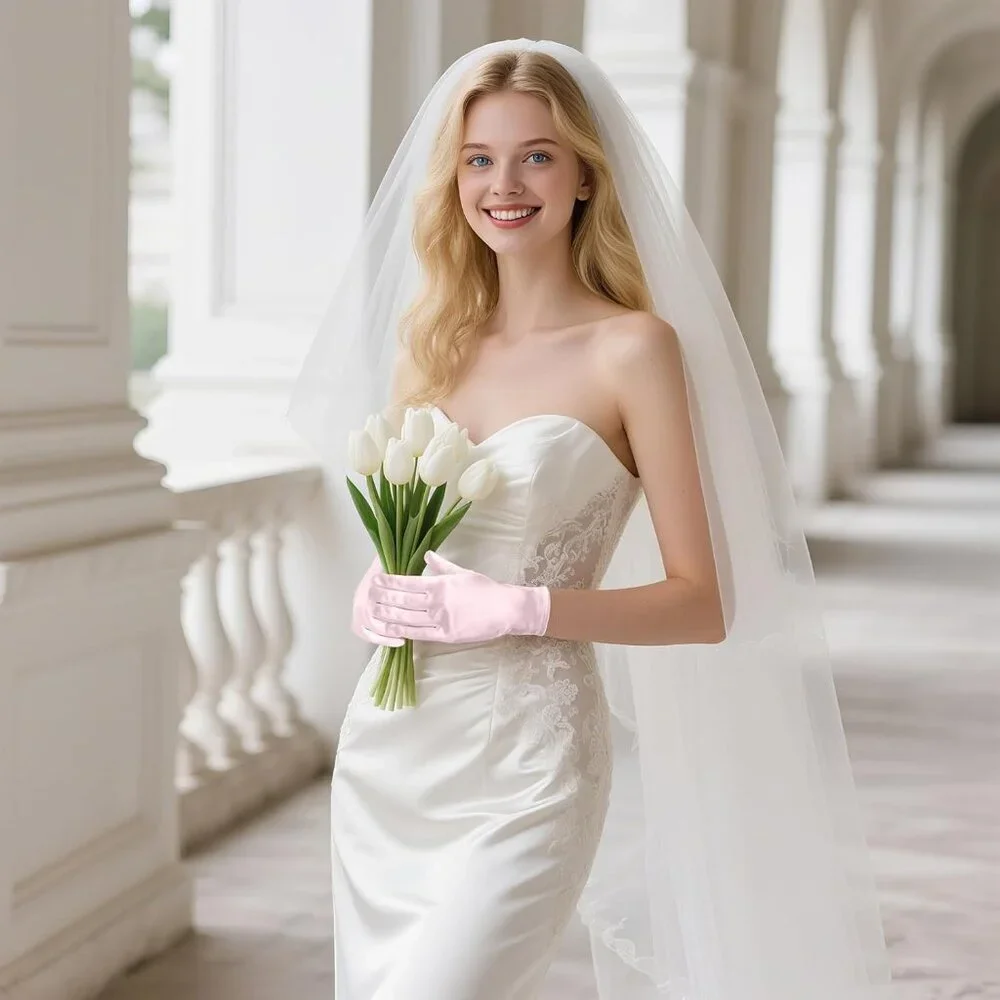 Women's Formal Short Pink Satin Gloves Bridal Wedding Banquet Party Costume
